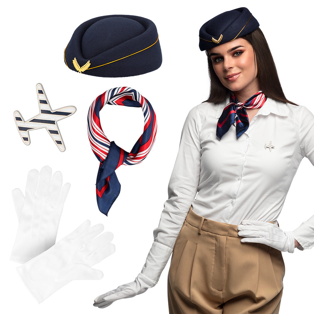 Stewardess-Set (Mütze, Schal, Handschuhe und Brosche)