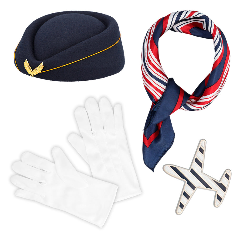 Stewardess-Set (Mütze, Schal, Handschuhe und Brosche)