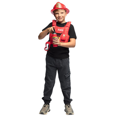 Kinderset Brandweerman (helm, vest, veiligheidsbril, walkietalkie, brandblusser, koevoet)