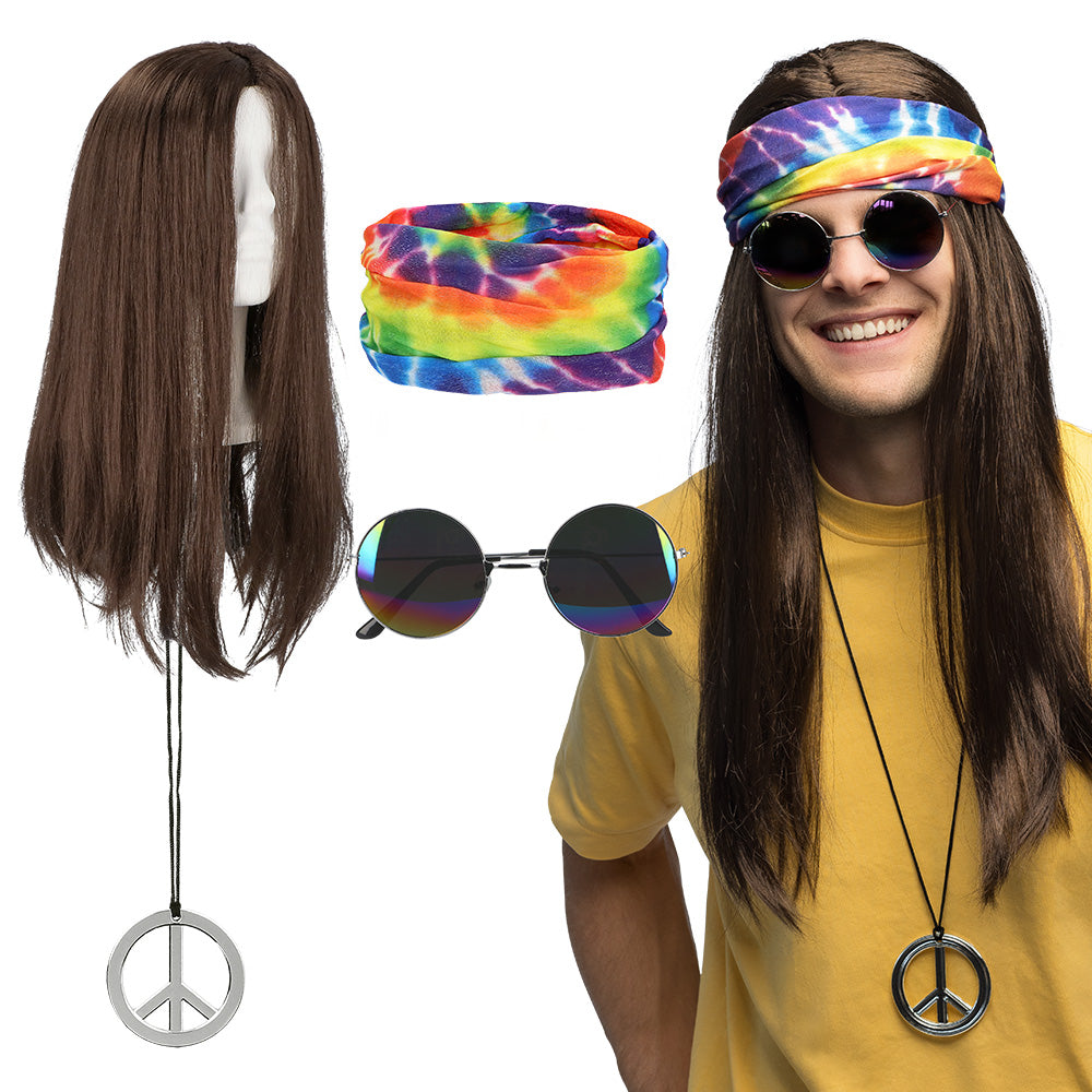 Set Hippie | (hoofdband, partybril, pruik en ketting)
