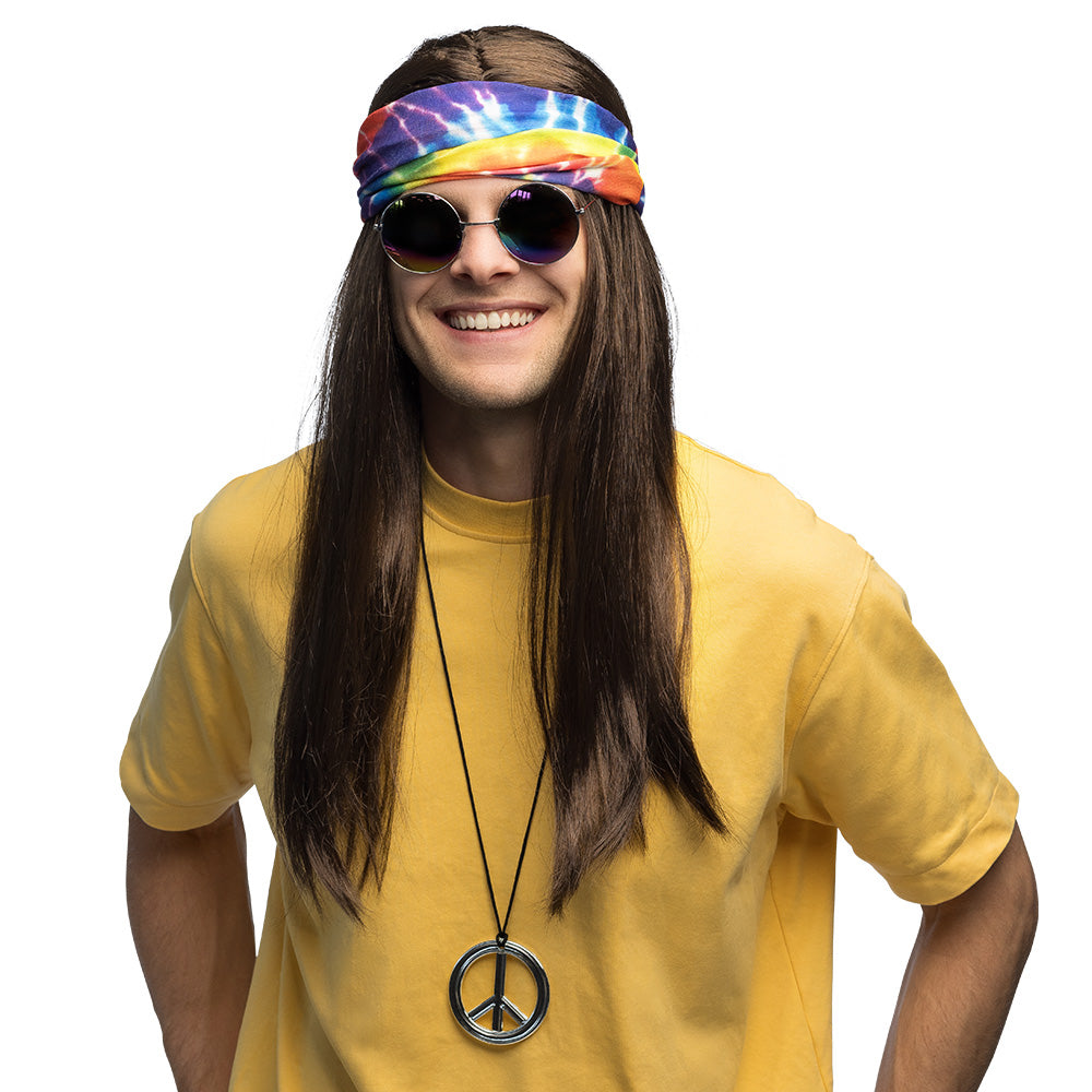 Set Hippie | (hoofdband, partybril, pruik en ketting)