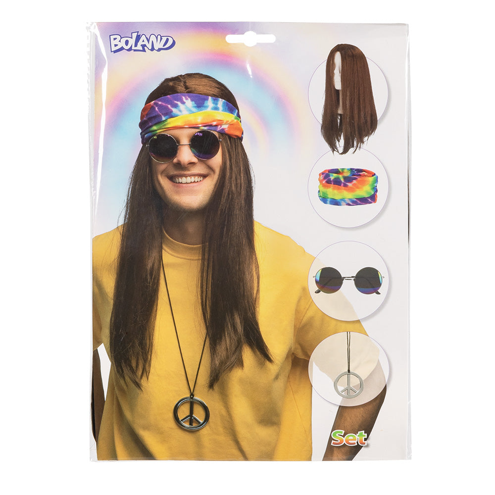 Set Hippie | (hoofdband, partybril, pruik en ketting)