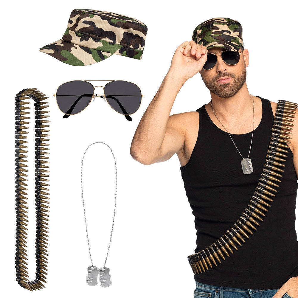 Set Soldaat (pet, partybril, ketting en kogelriem)