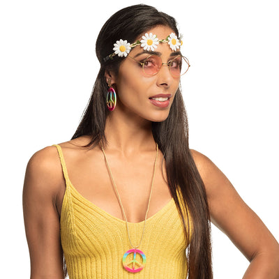 Set Hippie de luxe (hoofdband, partybril, oorbellen en ketting)