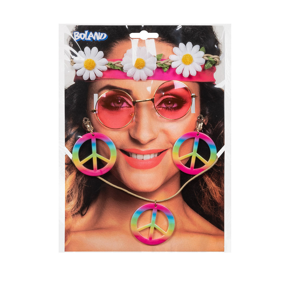 Set Hippie de luxe (hoofdband, partybril, oorbellen en ketting)