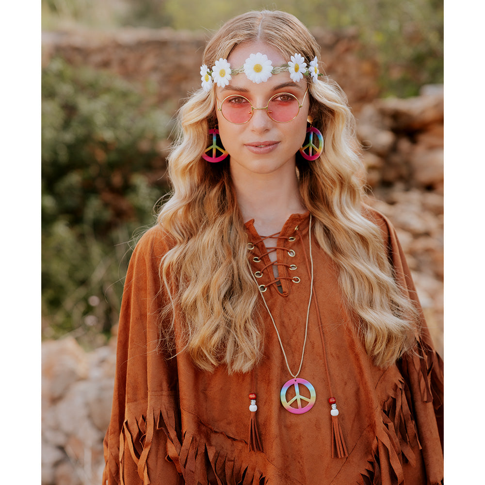 Set Hippie de luxe (hoofdband, partybril, oorbellen en ketting)