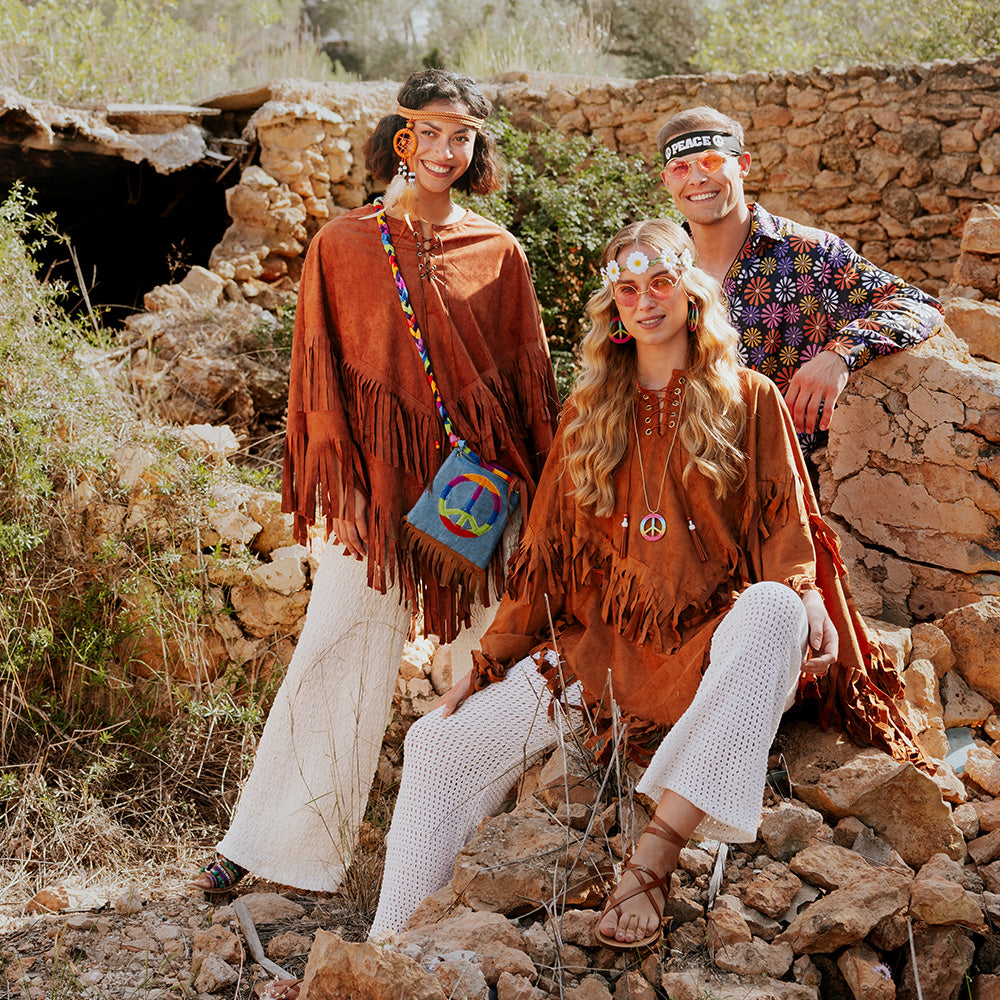 Set Hippie de luxe (hoofdband, partybril, oorbellen en ketting)