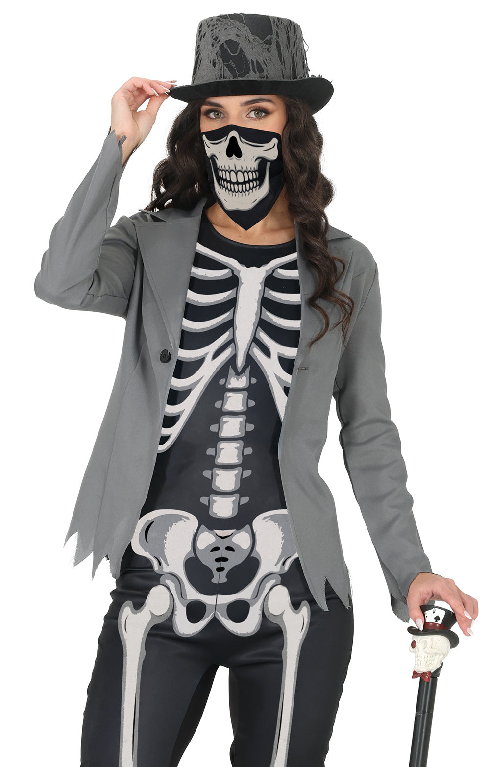 Skelet Kostuum Dames – Horror Skeleton Suit met Jas, Jumpsuit & Sjaal