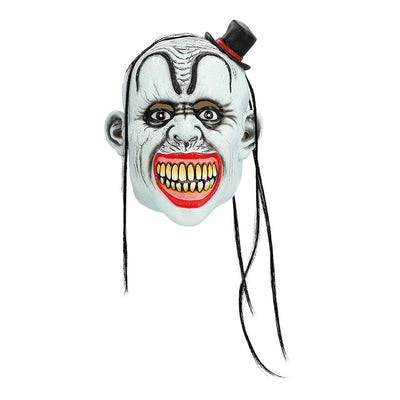 Latex killer clown masker met hoedje en lang haar voor Halloween