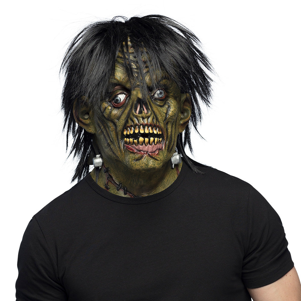 Groene monsterkop met haar en bouten latex masker