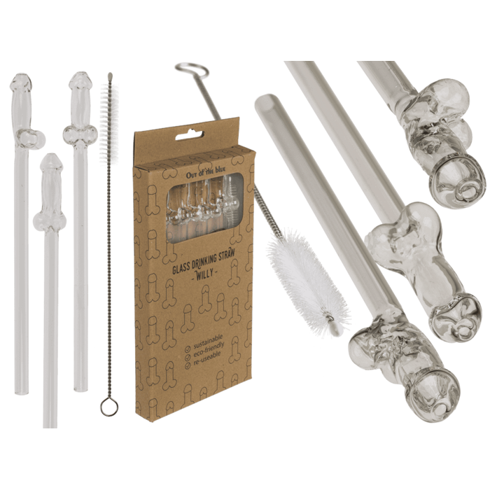 Glazen Penis Rietjes | Set van 4 Stuks + Reinigingsborstel