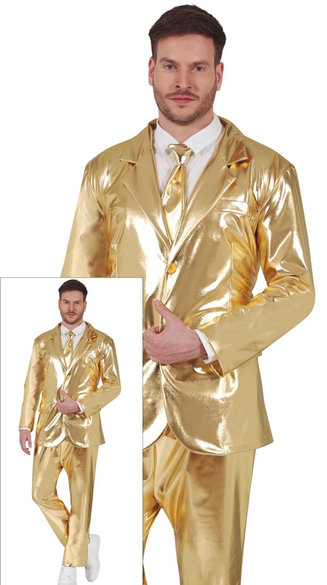 Gouden Kostuum Heren – Glitterend Jasje, Broek & Stropdas