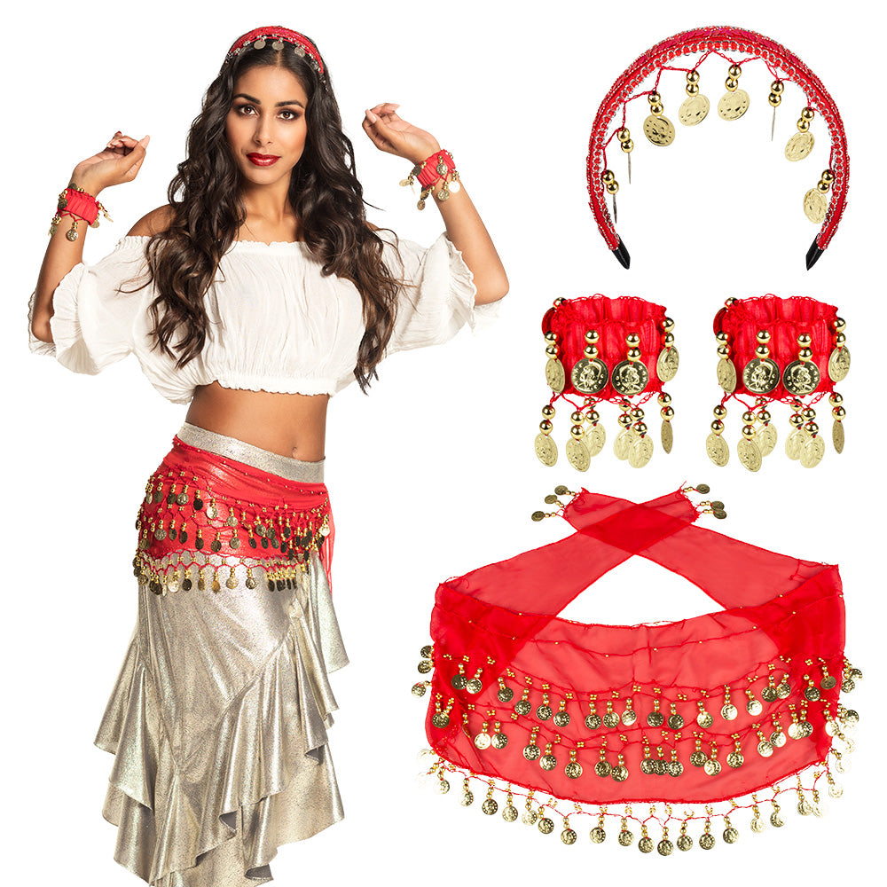 Set Belly Dance | Paars, Rood Of Zwart (hoofdband, armbanden en ceintuur)