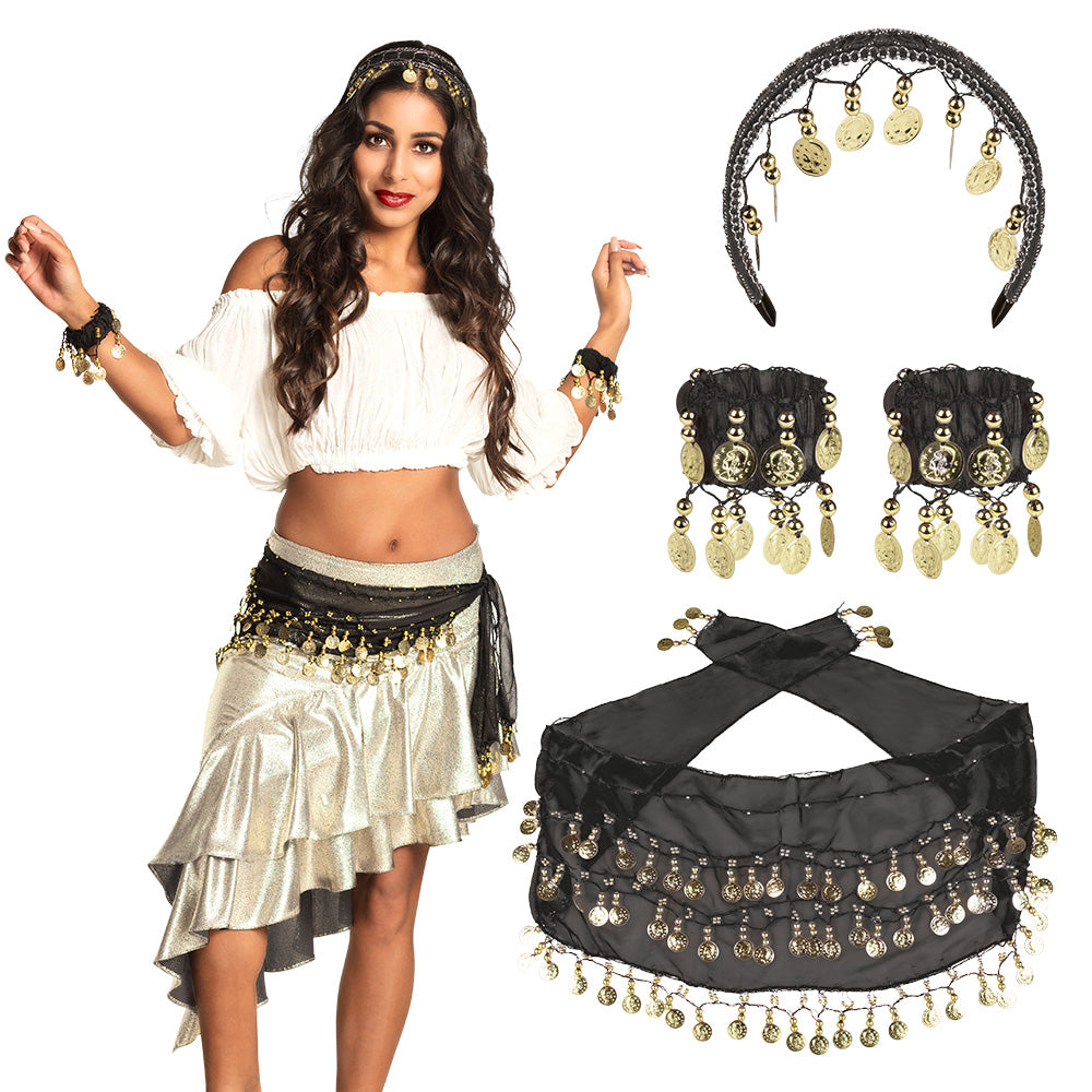 Set Belly Dance | Paars, Rood Of Zwart (hoofdband, armbanden en ceintuur)