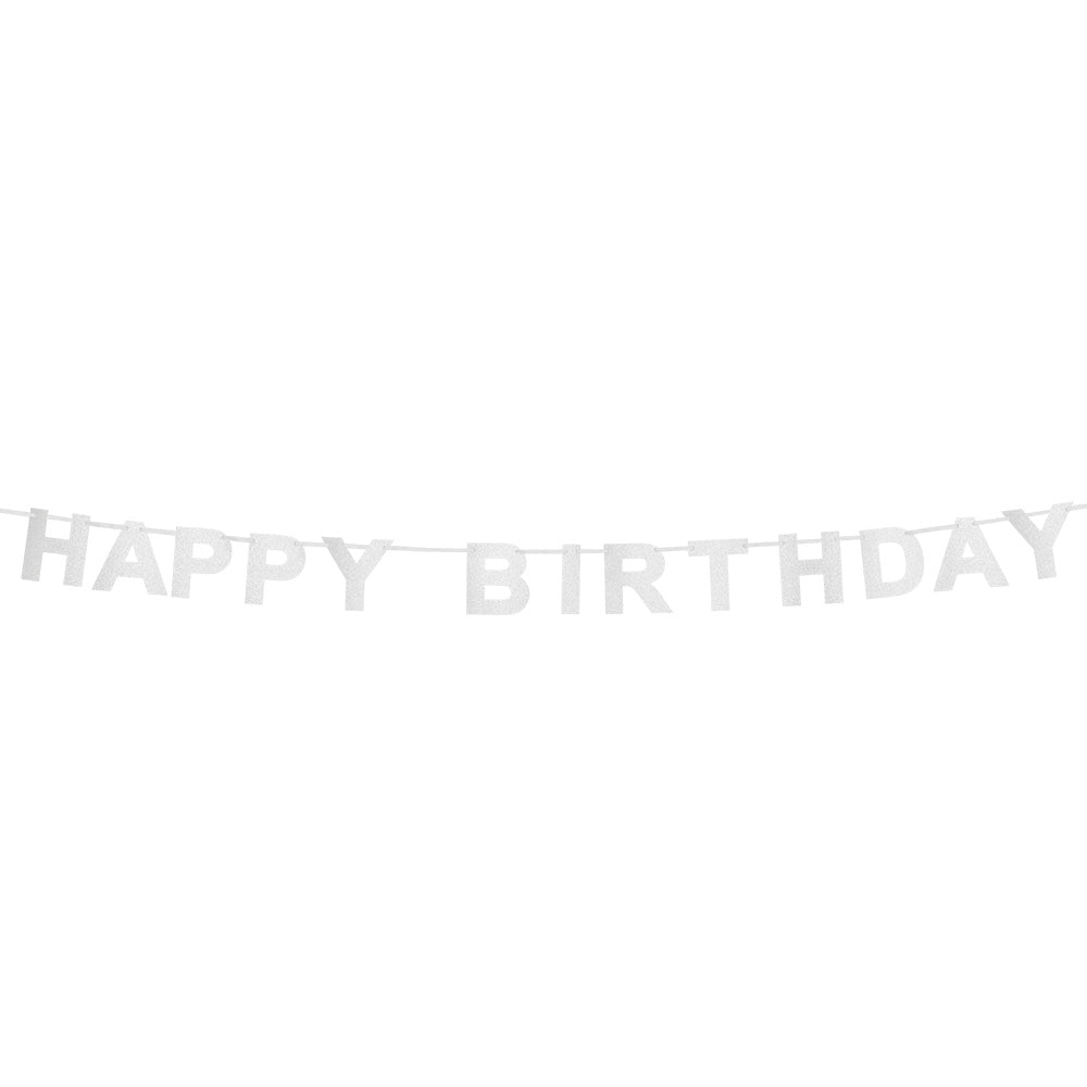 Kartonnen glitter letterslinger 'Happy Birthday' zilver (225 cm)