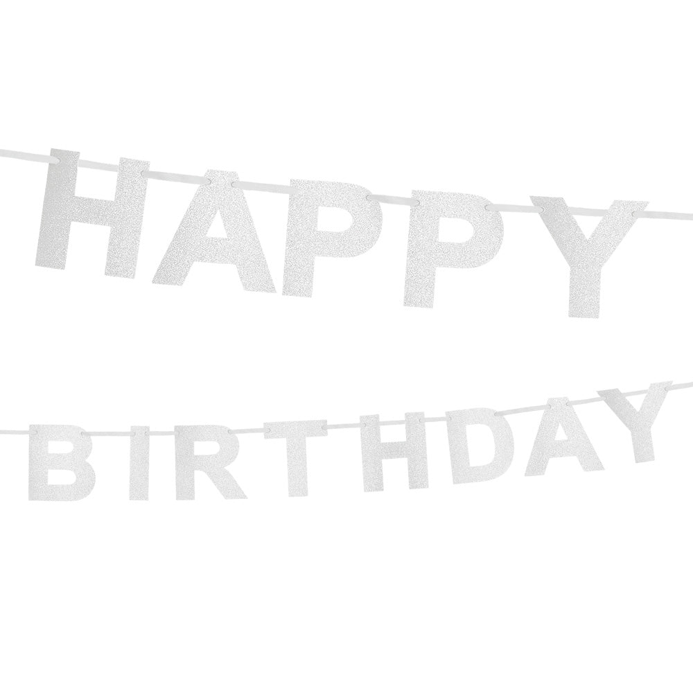 Kartonnen glitter letterslinger 'Happy Birthday' zilver (225 cm)