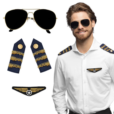 Set Piloot (partybril, badge en schouderstukken)