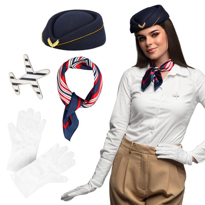 Stewardess-Set (Mütze, Schal, Handschuhe und Brosche) 