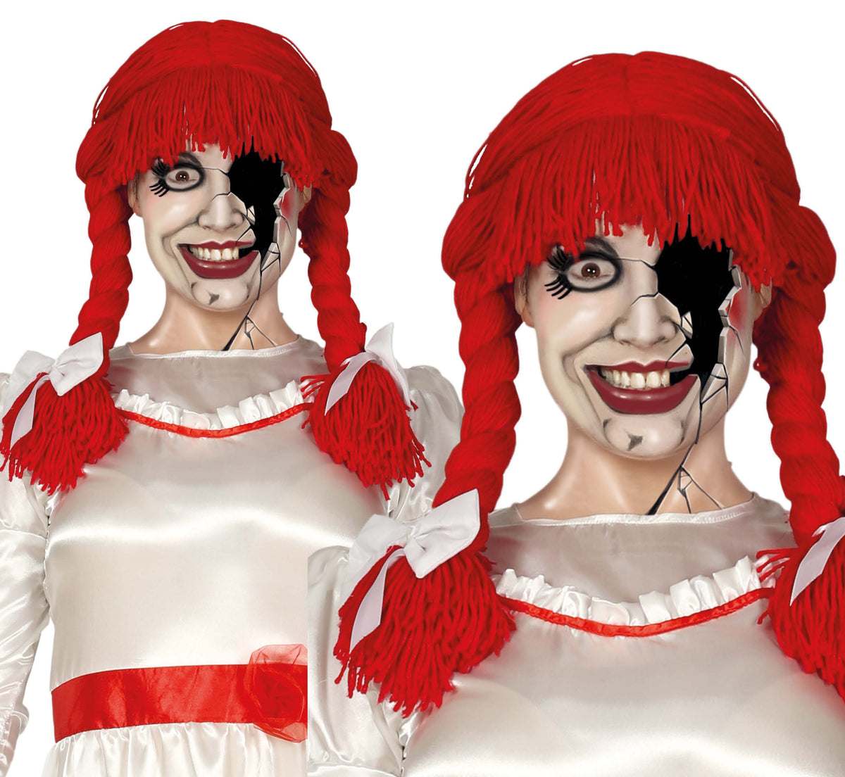Rode Horror Pop Pruik met Vlechten – Creepy Doll Pruik