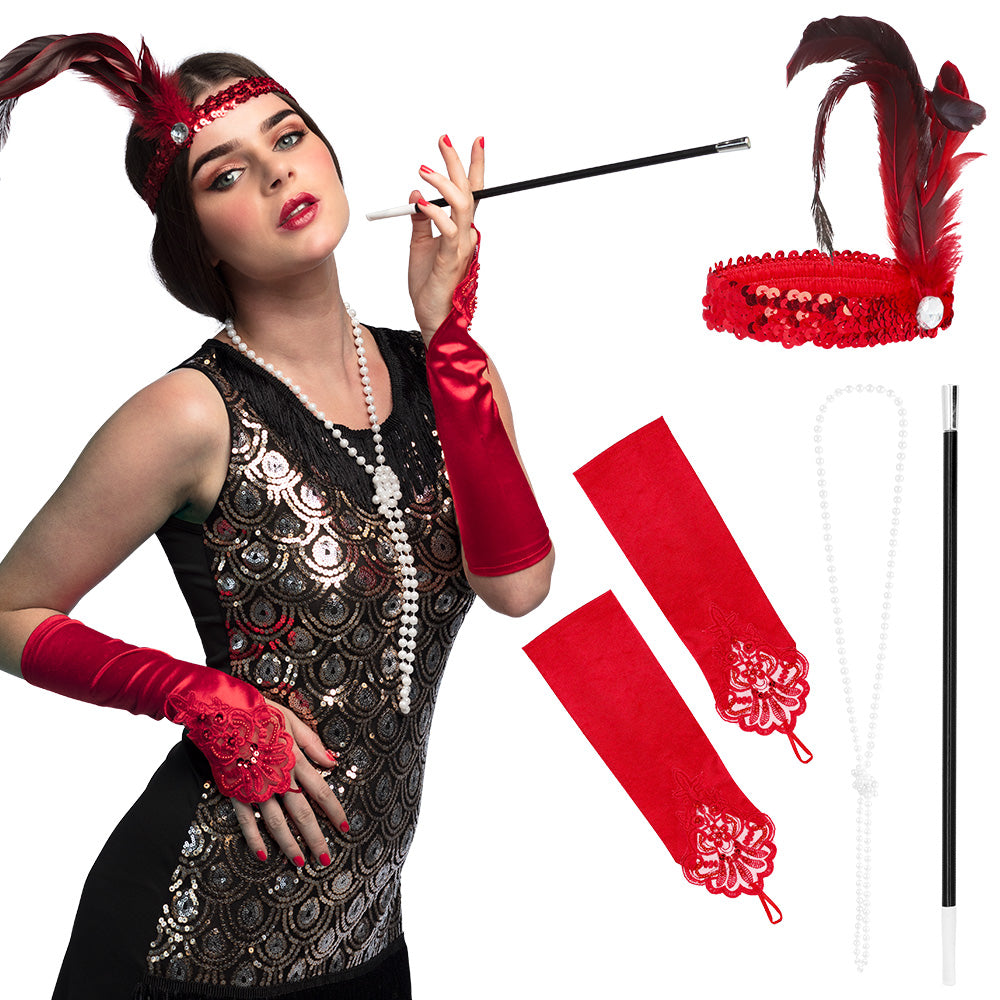 Set flapper deluxe (hoofdband, ketting, 2 handschoenen en sigarettenhouder)