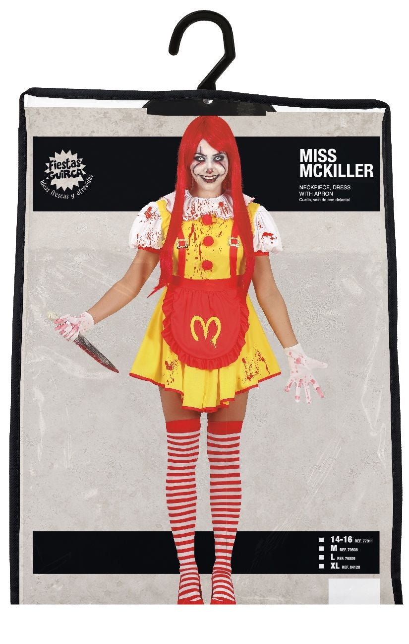 Mc Killer Clown Kostuum Dames – Geel/Rood Halloween Horror Kostuum – Jurk met Schort