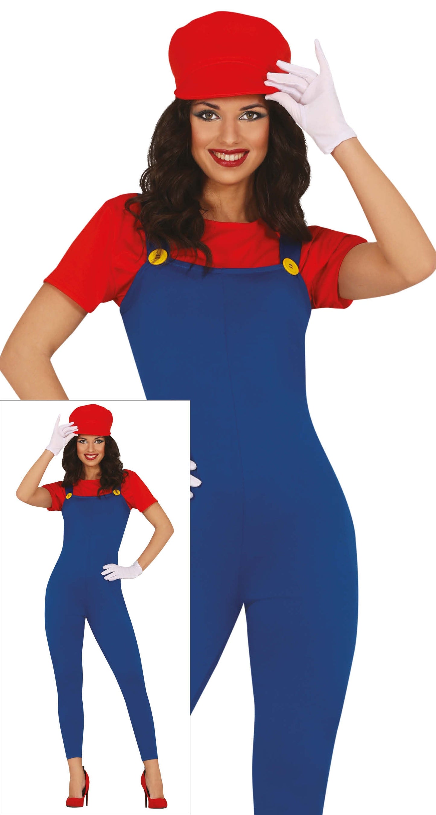 Super Mario Kostüm für Damen – Rot/Blau mit Hut, T-Shirt und Latzhose