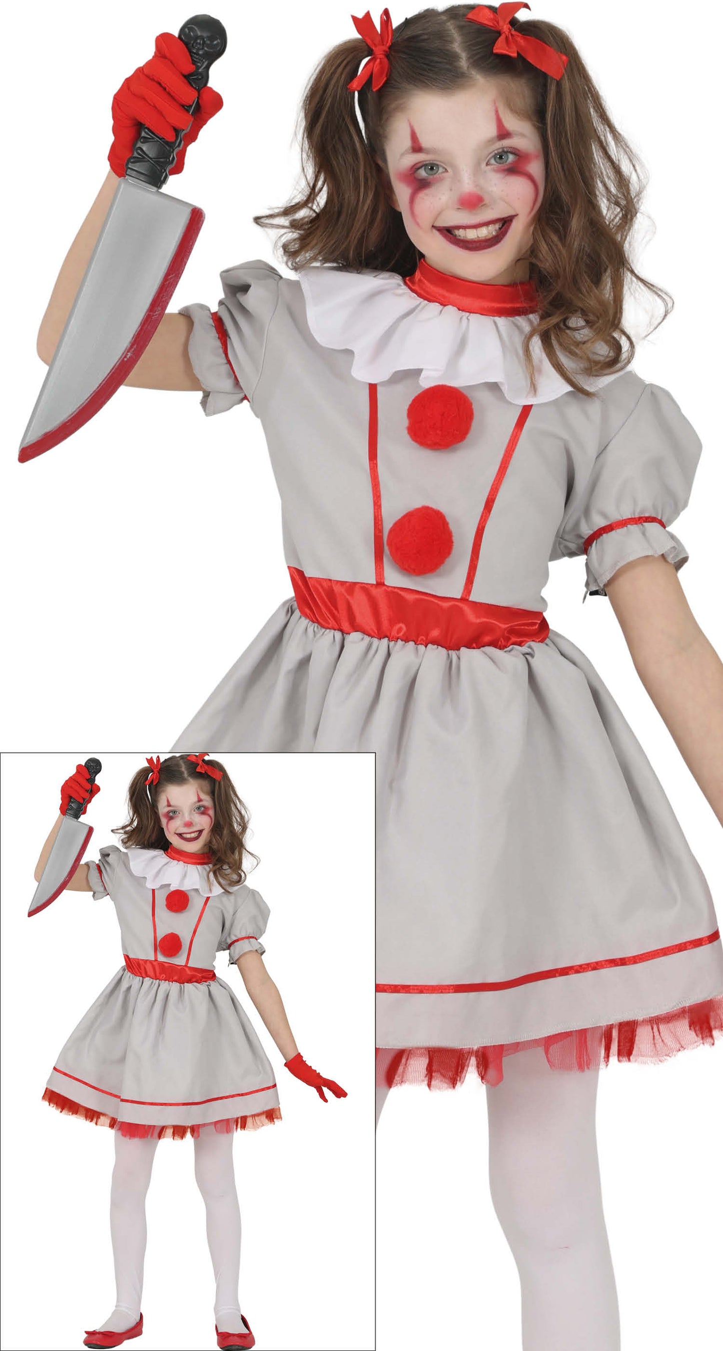 Vintage Clown Kostuum Meisje – Grijs Rood Halloween Jurkje