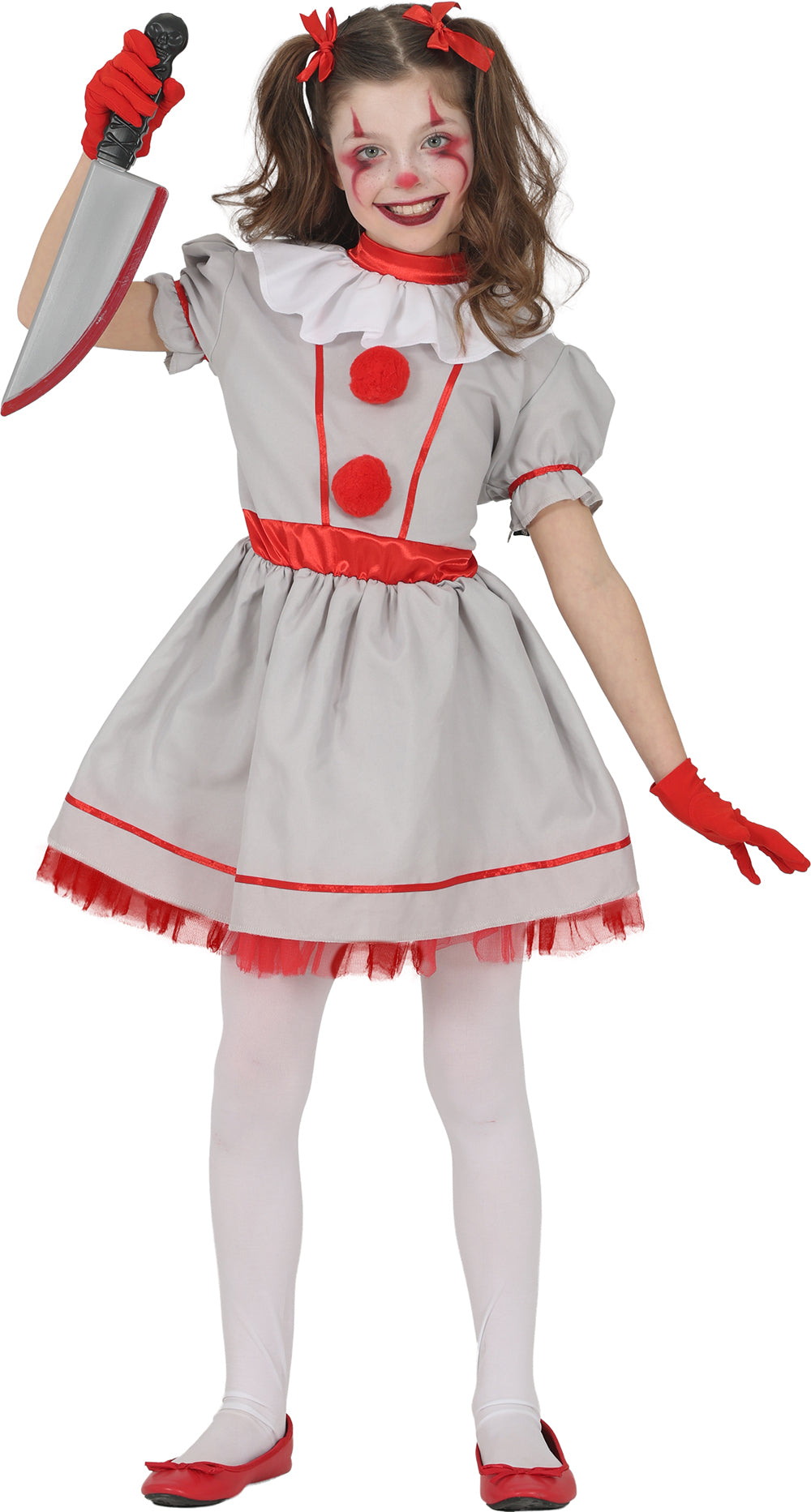 Vintage Clown Kostuum Meisje – Grijs Rood Halloween Jurkje