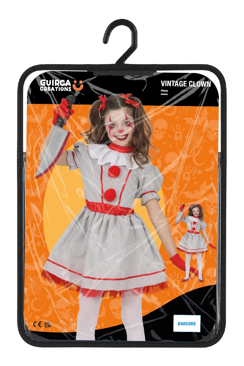 Vintage Clown Kostuum Meisje – Grijs Rood Halloween Jurkje