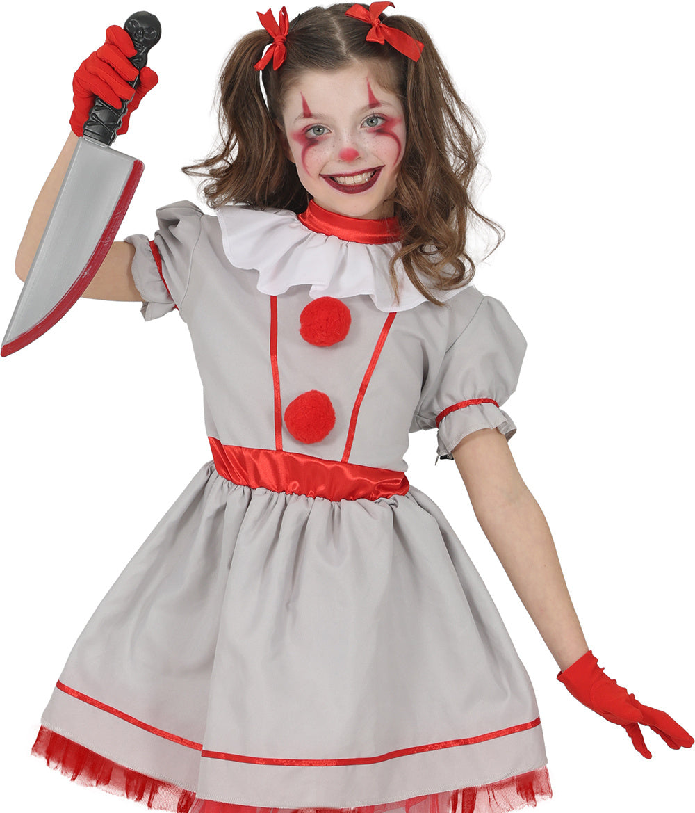 Vintage Clown Kostuum Meisje – Grijs Rood Halloween Jurkje