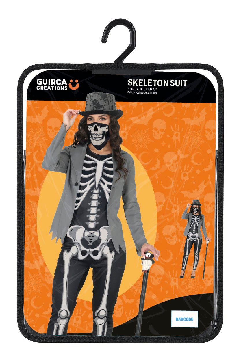 Skelet Kostuum Dames – Horror Skeleton Suit met Jas, Jumpsuit & Sjaal