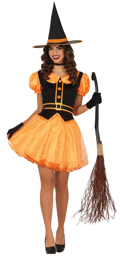 Heks Kostuum Dames Oranje/Zwart – Halloween Witch – Jurk & Heksenhoed