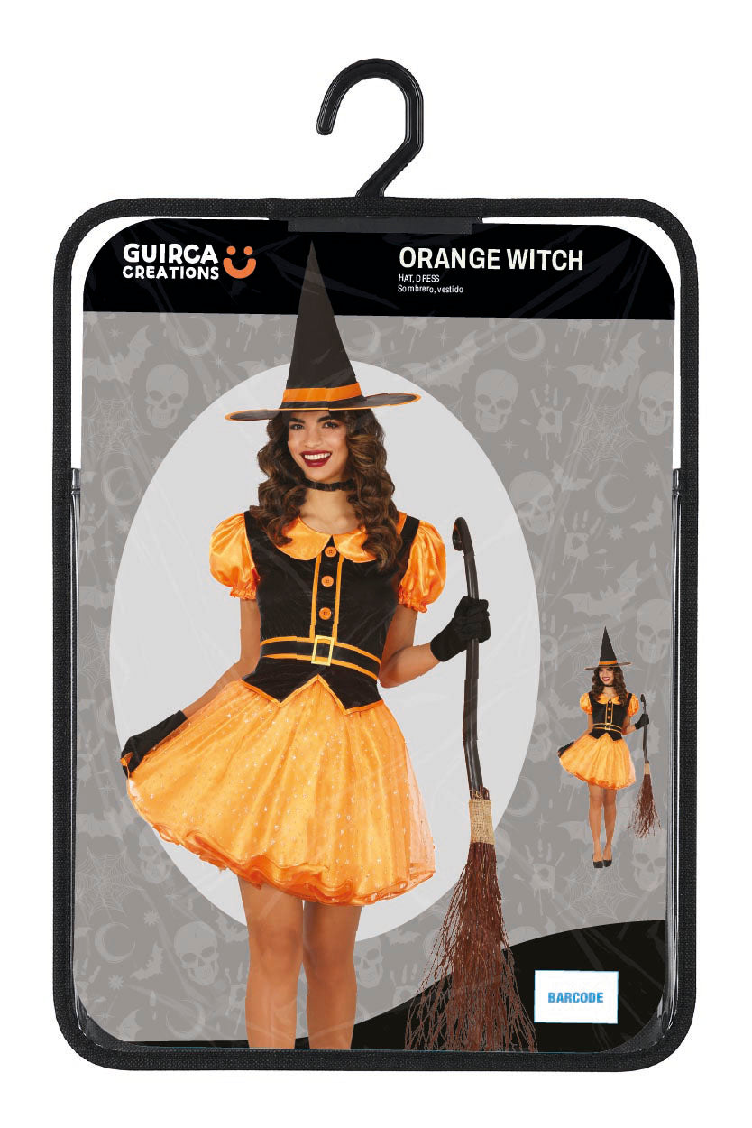 Heks Kostuum Dames Oranje/Zwart – Halloween Witch – Jurk & Heksenhoed