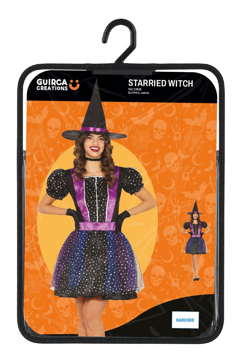 Heks Kostuum Dames – Starry Witch Paars/Zwart – Jurk & Heksenhoed