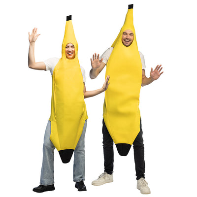 2 volwassenen dragen een bananenpak