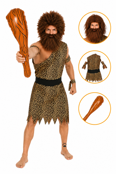 Complete Holbewoner Outfit Heren | Inclusief Pruik, Baard & Knuppel