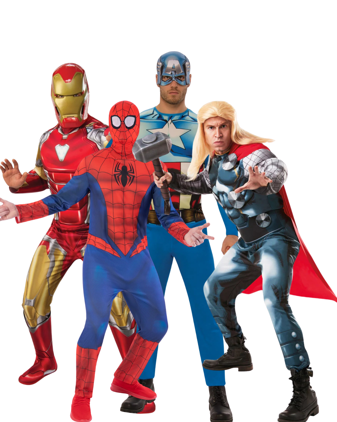 Carnavals groepskostuum Iron man, spiderman, captain america en thor kostuum voor volwassenen