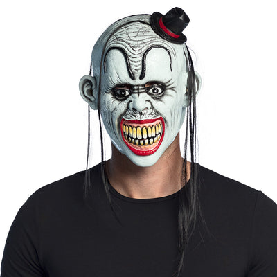 Latex killer clown masker met hoedje en lang haar voor Halloween
