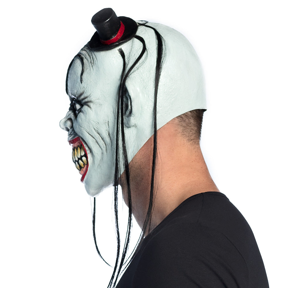 Latex killer clown masker met hoedje en lang haar voor Halloween