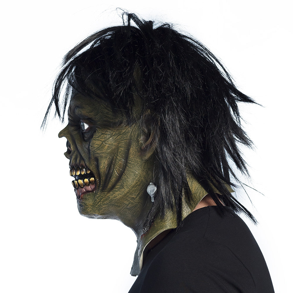 Groene monsterkop met haar en bouten latex masker