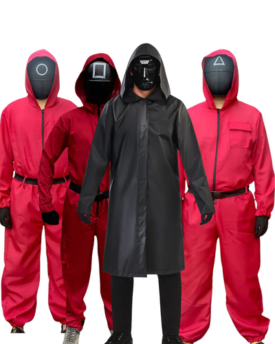 Kwartet Deal – Squid Game Bewakers + Front Man | 4-Persoons Kostuumset