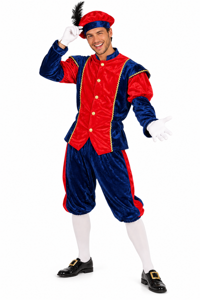 Pietenpak Heren Rood/Blauw – Klassiek Kostuum met Muts, Jasje & Broek
