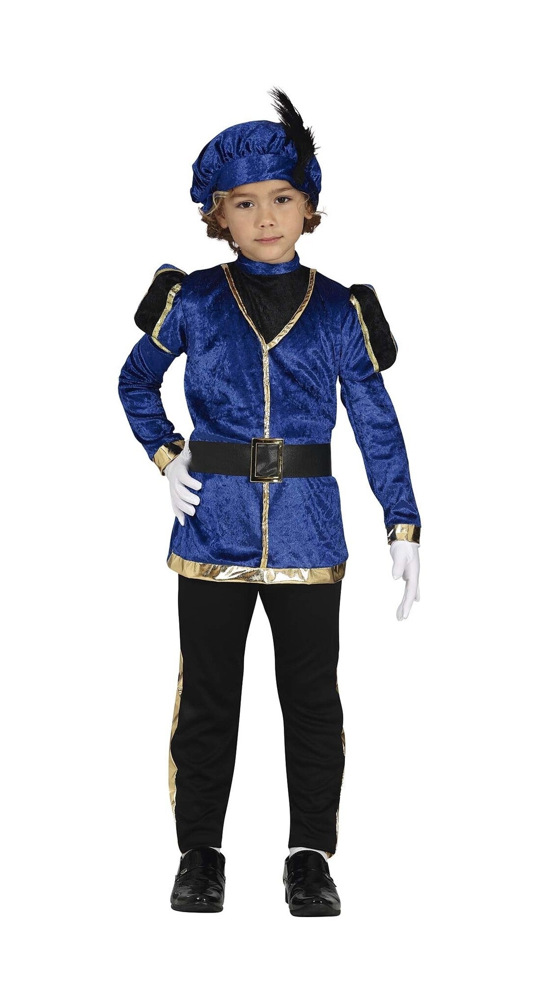 Pietenpak Kind Blauw/Goud – Complete Set met T-Shirt, Broek, Muts & Riem