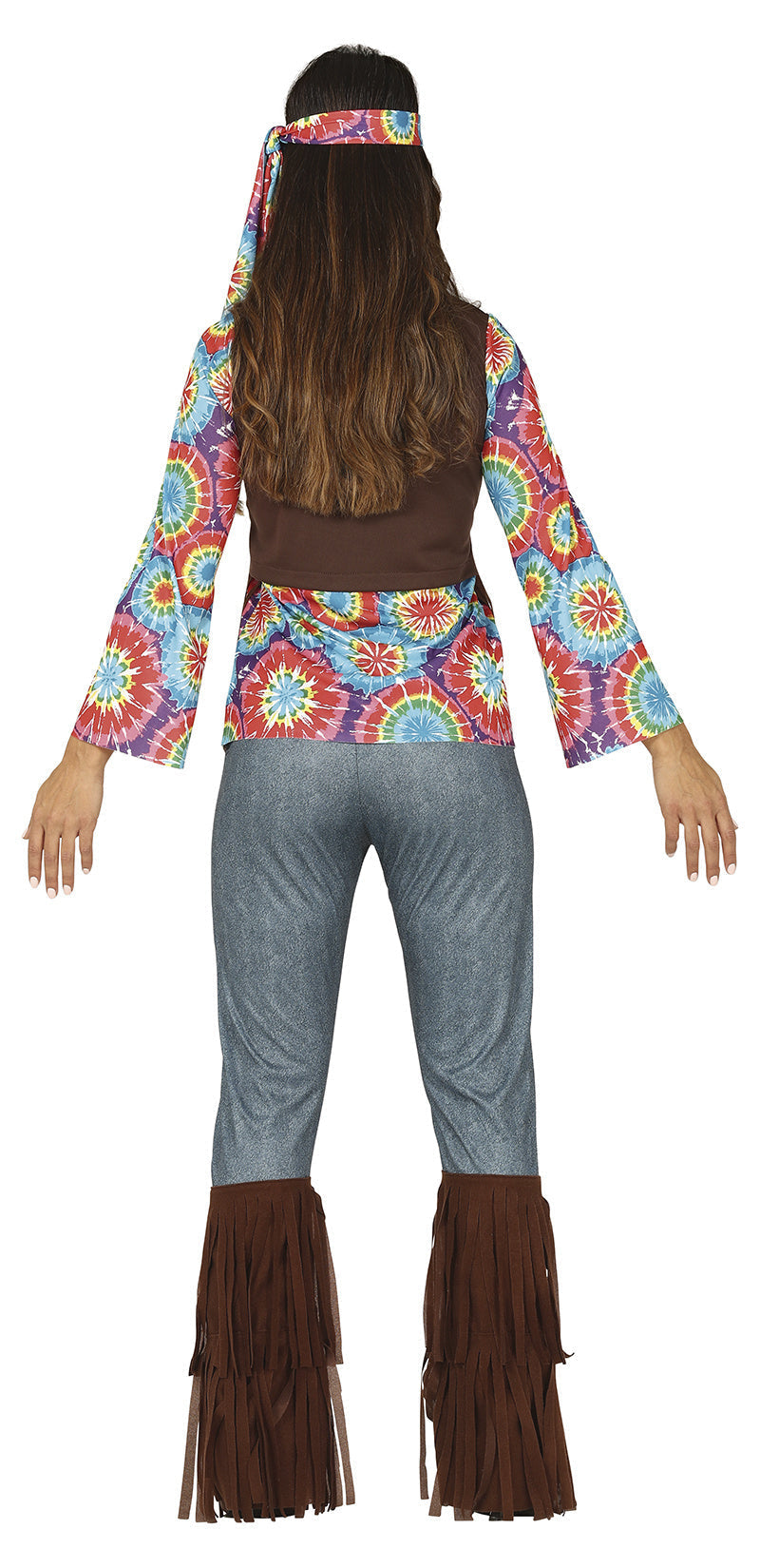Hippie-Kostüm der 60er Jahre für Damen – mit brauner Weste | Flower-Power-Outfit