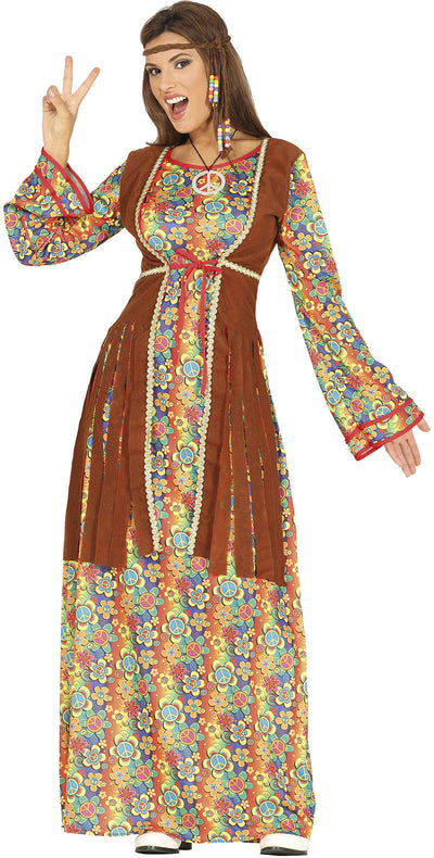 Hippie-Kostüm der 60er Jahre für Damen – Blumenkleid mit Weste | Flower-Power-Outfit