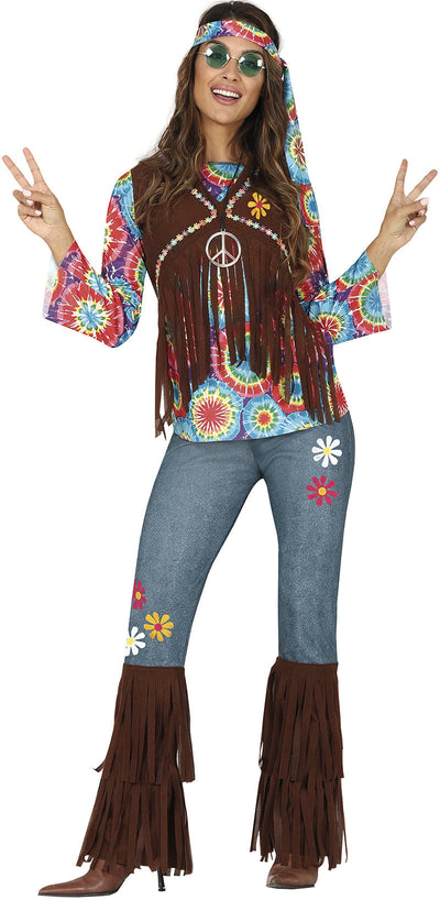 Hippie-Kostüm der 60er Jahre für Damen – mit brauner Weste | Flower-Power-Outfit