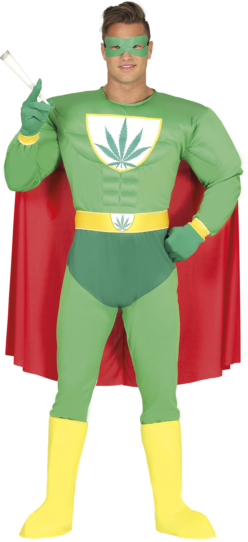 Marijuana Superheld Kostuum Heren – Groene Cape & Jumpsuit (Parodieheld)