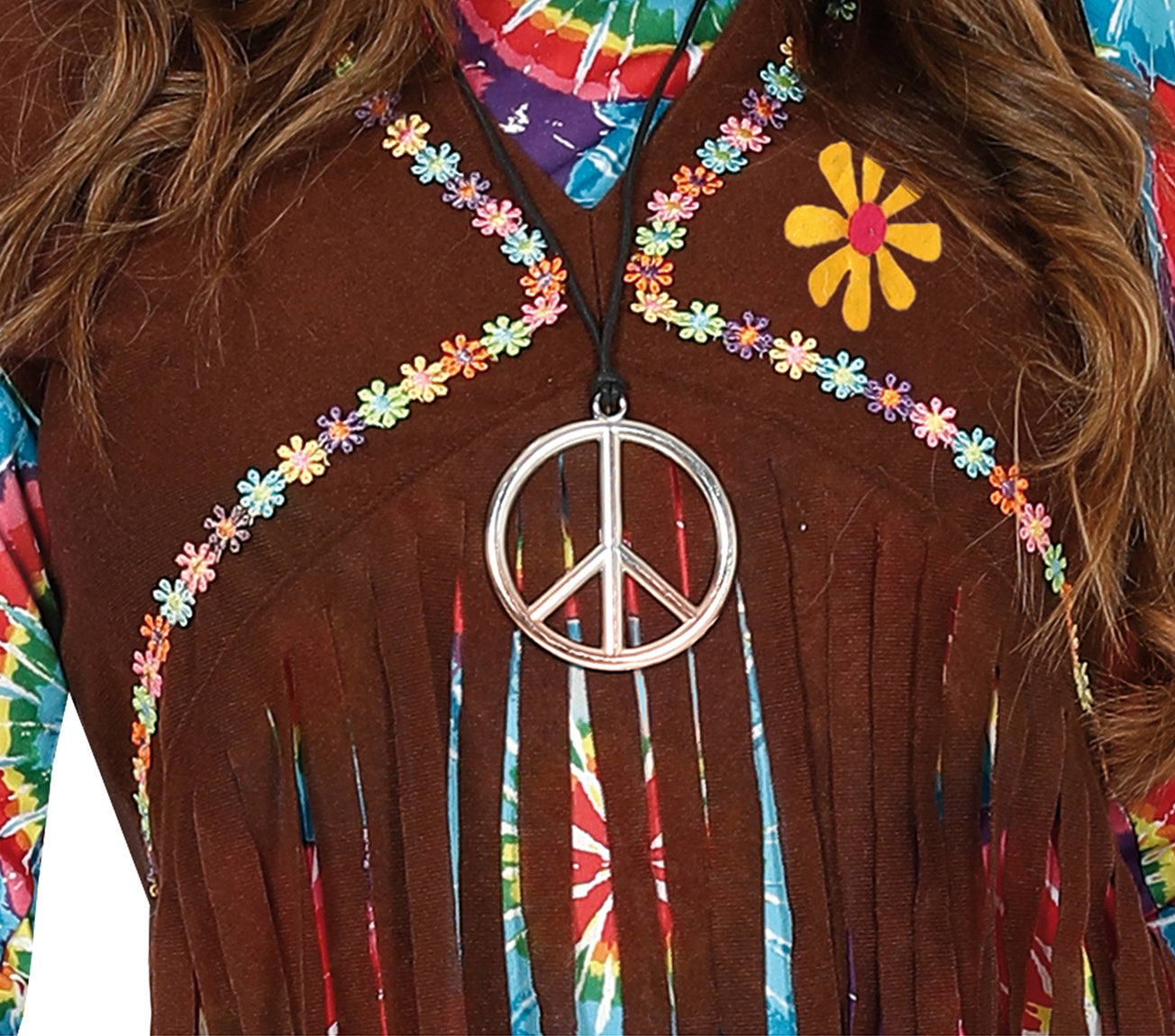 Hippie-Kostüm der 60er Jahre für Damen – mit brauner Weste | Flower-Power-Outfit