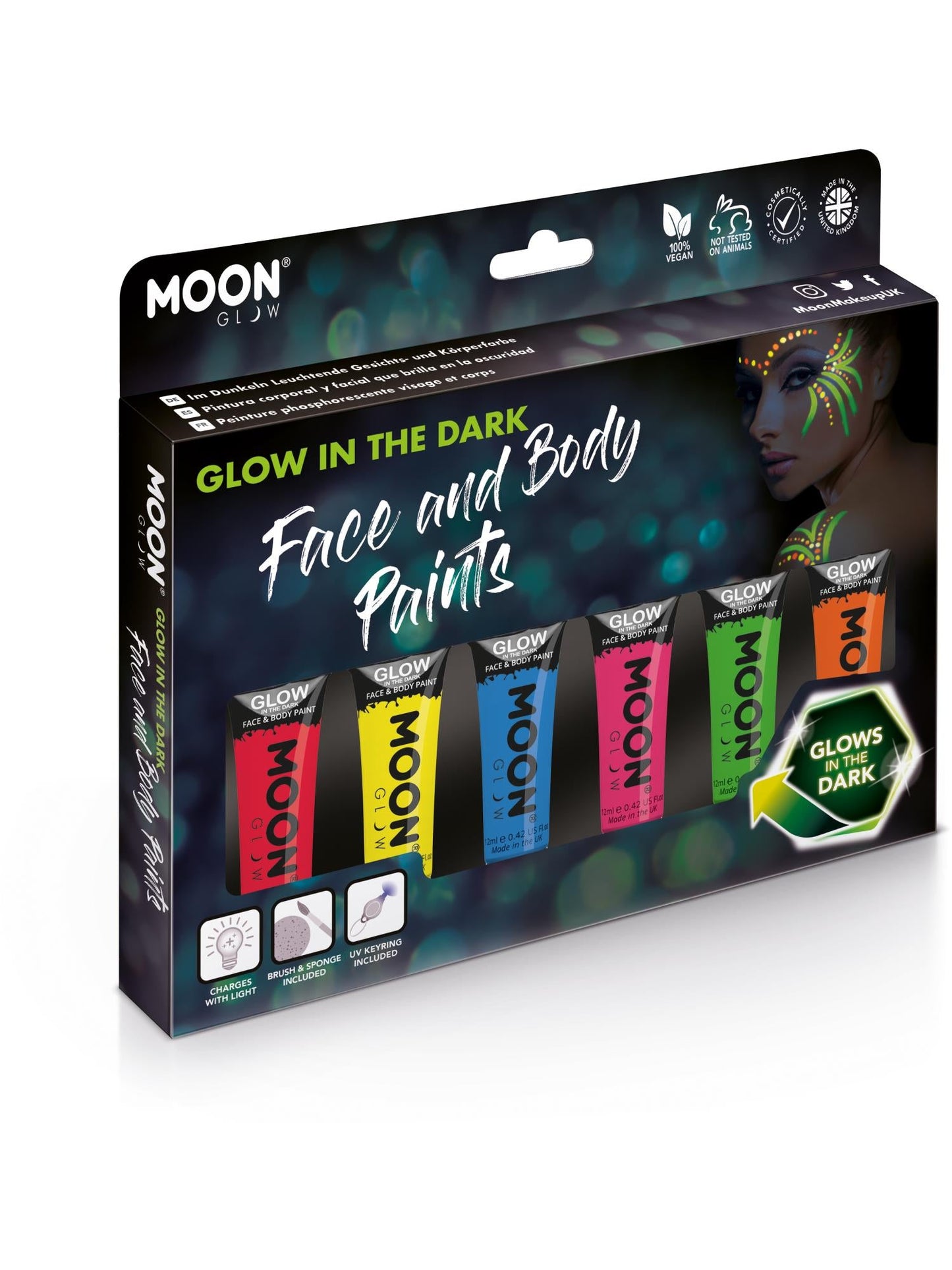 Glow in the Dark Schminkset  - 6 Kleuren + Kwast, Spons &  UV-Sleutelhanger