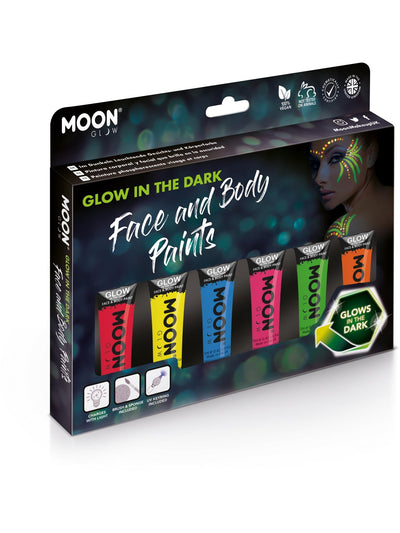 Glow in the Dark Schminkset  - 6 Kleuren + Kwast, Spons &  UV-Sleutelhanger